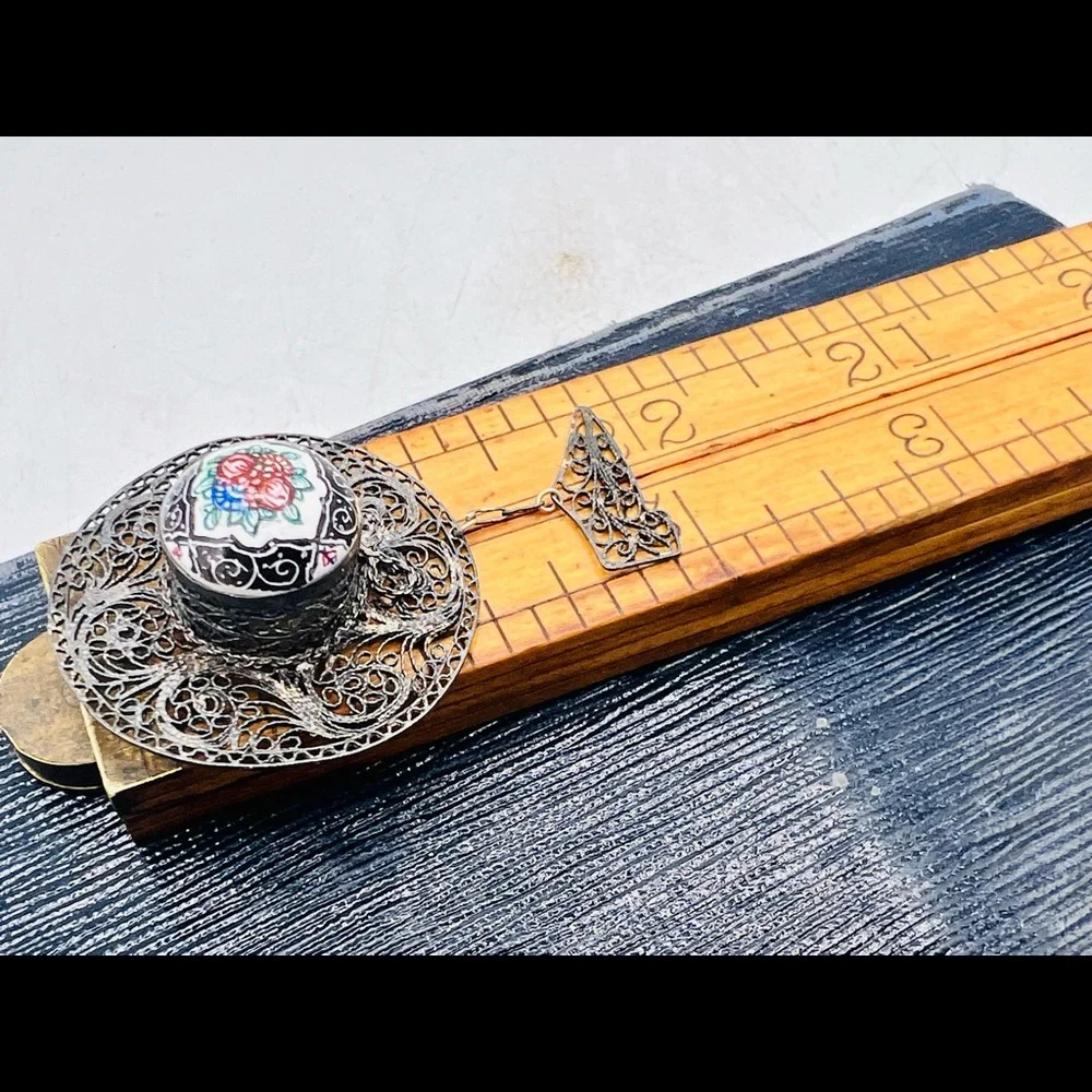 Vintage silver filigree brooch pin hat shoe dangle hand painted mid century